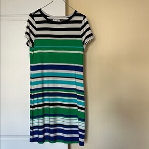 Calvin Klein Striped Mini Dress in Black, Green, and Blue